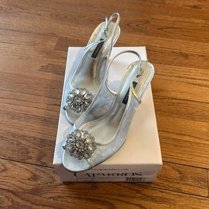 Gorgeous sling back silver dress heels